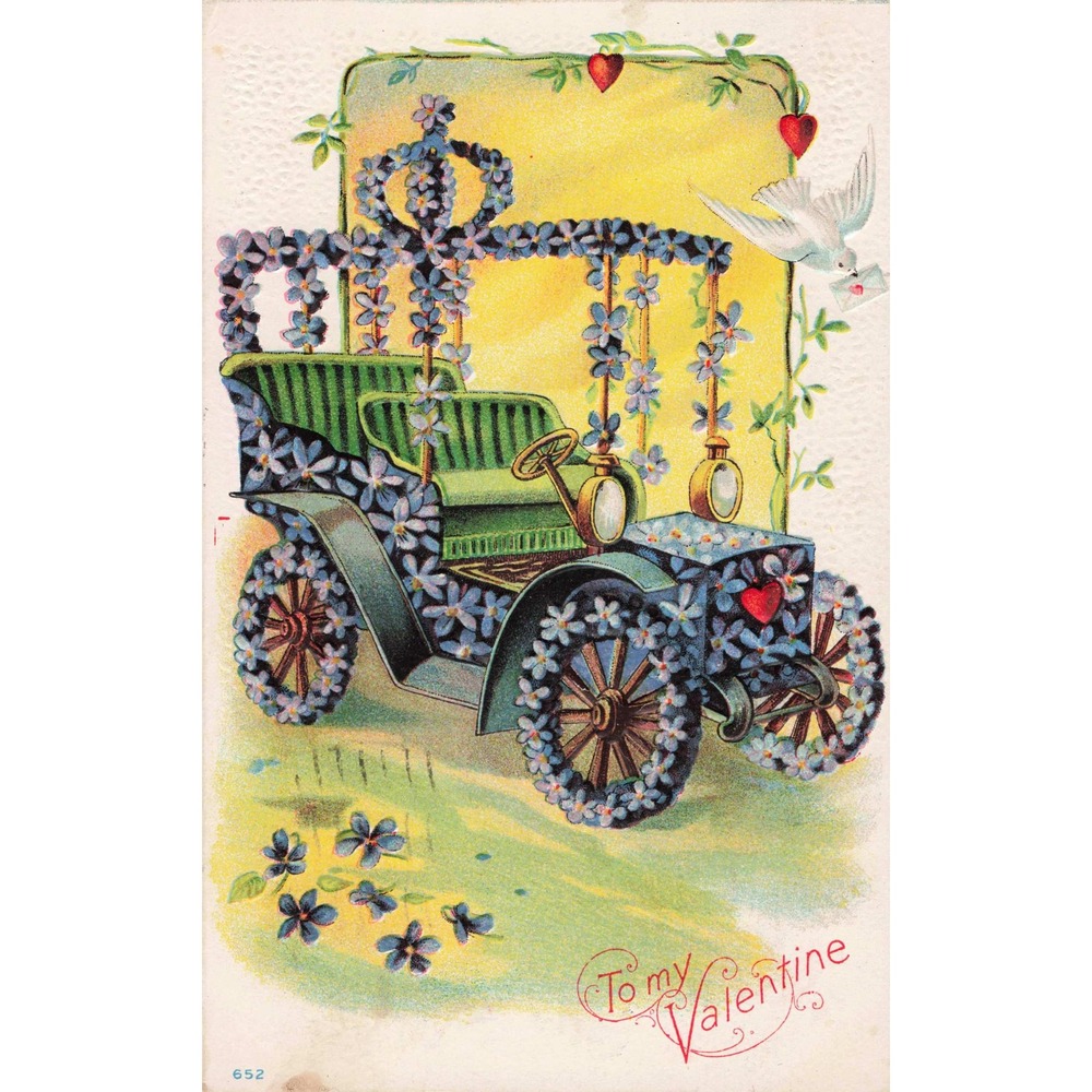 Valentine Postcard 1908 Antique Car Automobile Forget Me Not Dove Embossed 652